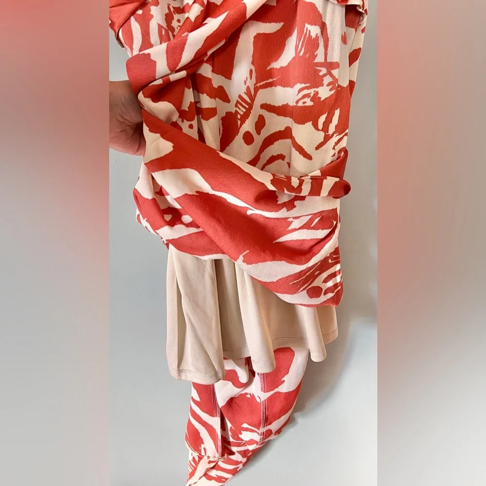 Bar III Printed Hammered-Satin Twist-Front Faux-Wrap Midi Dress Orange Cream‎ XL